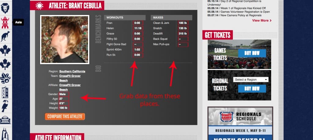 A CrossFit Games athlete profile with the self-reported marks highlighted.