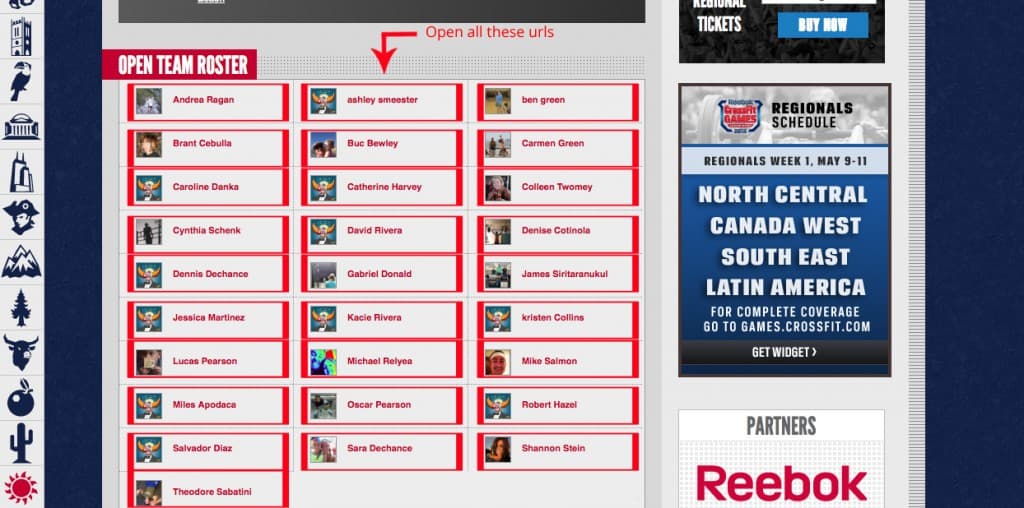 A CrossFit team roster with the athlete links highlighted.