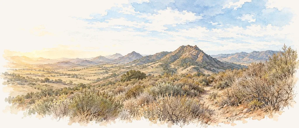 Watercolor of a chaparral valley and mountain ridge